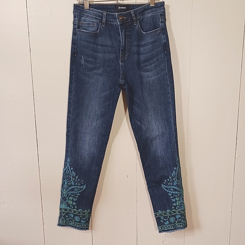 Desigual Dark Blue Cropped Jeans with Teal Embroidered Ankles